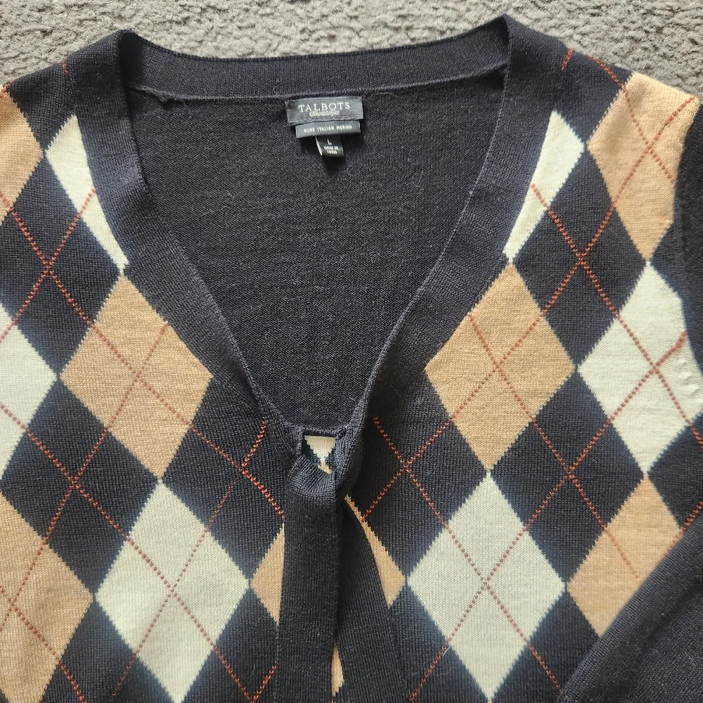 TALBOTS Women's Cardigan Large Black Argyle Preppy Academic Merino Wool Sweater - Picture 3 of 8
